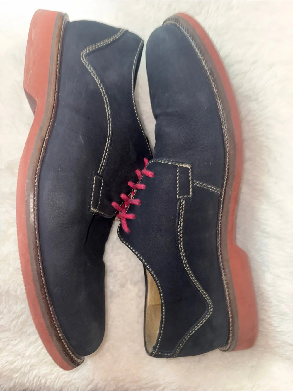1901 Nordstrom Mens Navy Blue Suede Derby Shoes Red Laces Brick Sole